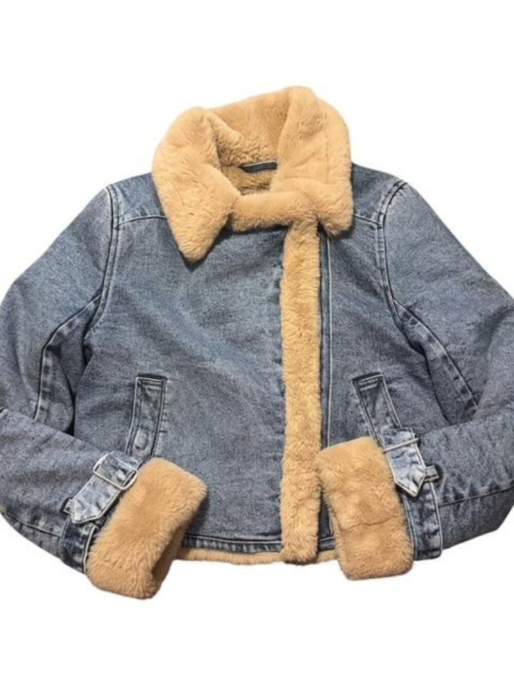 Hollister Denim Full Zip Jacket Snap Pockets Sherpa Lined Cuffed Sleeves Small